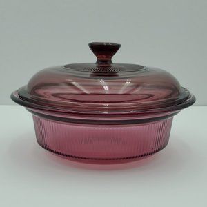 Corning Vision Cranberry 24 Ounce Ribbed Casserole Dish with Glass Pyrex Lid